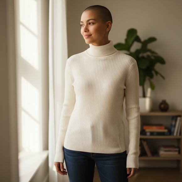 Aritzia Babaton Neutral Minimalist White Ribbed Knit Turtleneck Top Large Layer - Picture 1 of 7